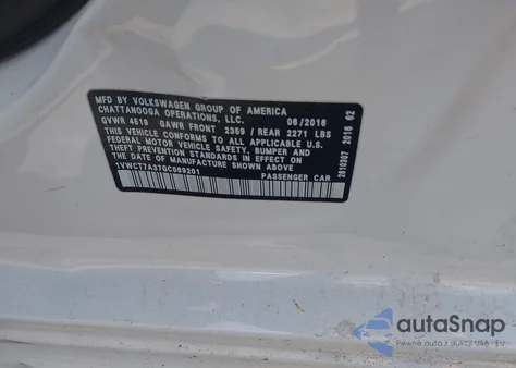 2016 Volkswagen Passat 1.8T Sel/1.8T Sel Premium из США, поврежденный, VIN 1VWCT7A37GC069201